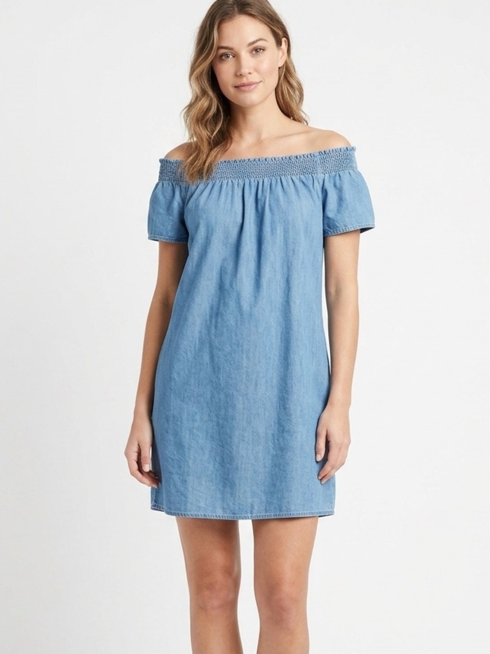 LOVE NOTES Chambray Off Shoulder Denim Shift Dress Blue Y2K Boho Women’s Medium